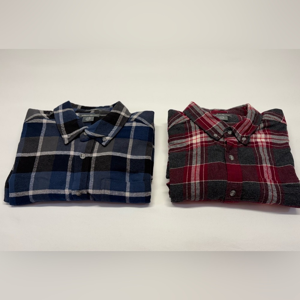 Bundle of 2Eddie Bauer Men's Favorite Flannel Button-Down Shirts Blue&Red Size L